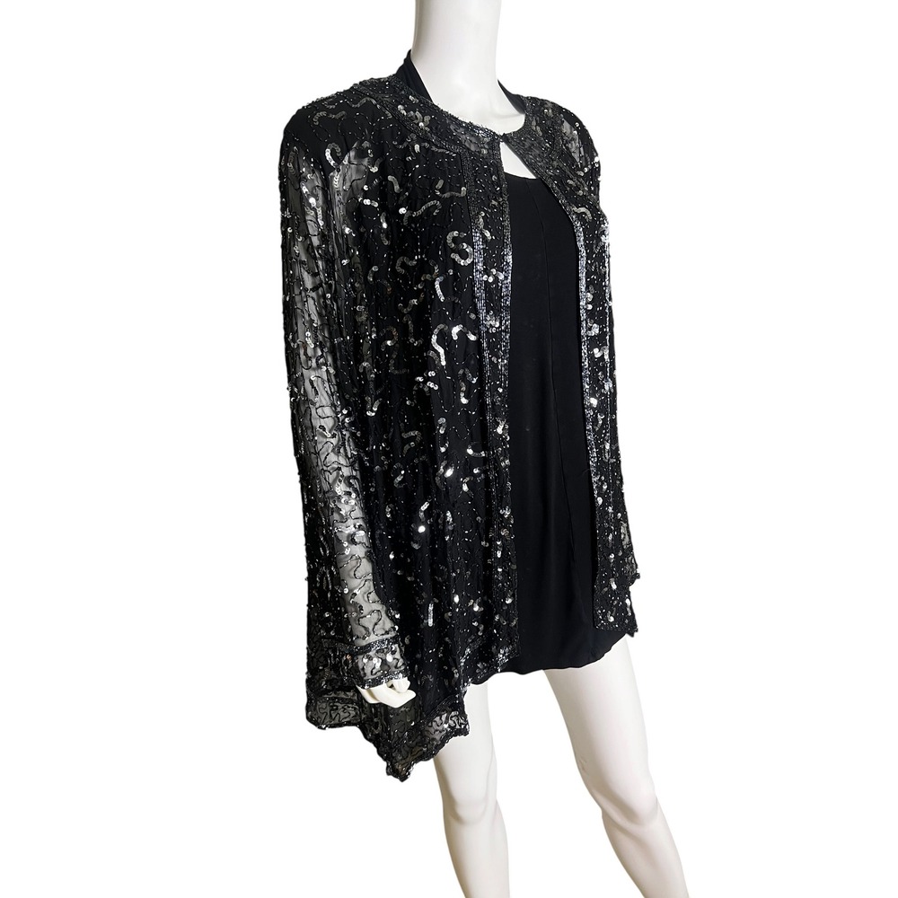 Praise Hymn Vintage 4X Black Silk Beaded Sequin Sheer Hi Lo Jacket Plus Size